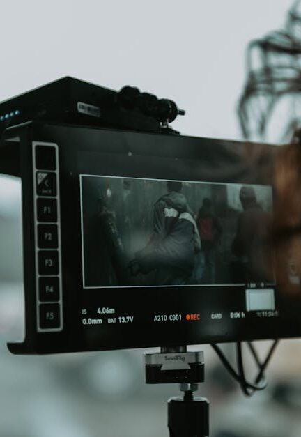 A close-up of professional filming equipment capturing a scene outdoors.