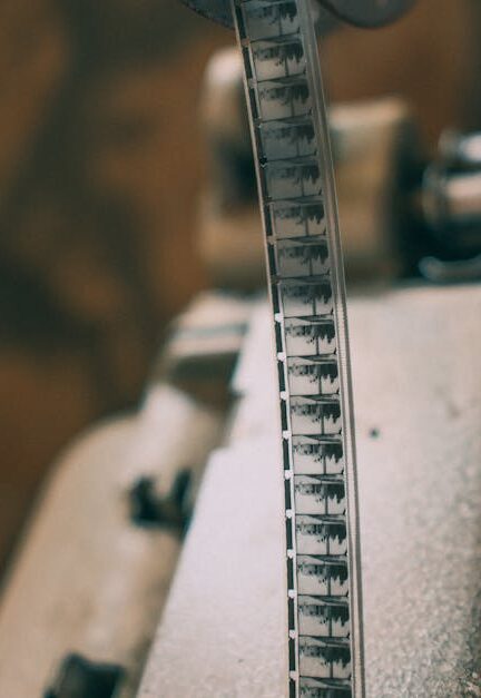 Close-up of a vintage film strip on a projector, showcasing classic cinema.