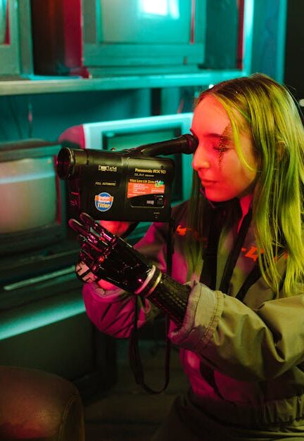 Woman using a prosthetic hand records video indoors, surrounded by vintage TVs.